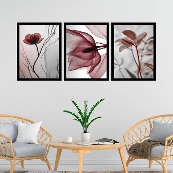 Imagem de Kit 3 Quadros Modernas Flores Nuances Bordô 33X24Cm - Vidro