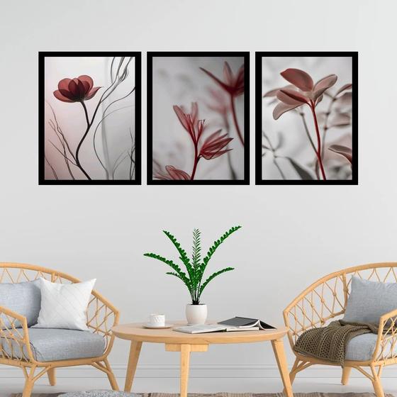 Imagem de Kit 3 Quadros Modernas Flores Nuances Cinza 33x24cm - com vidro