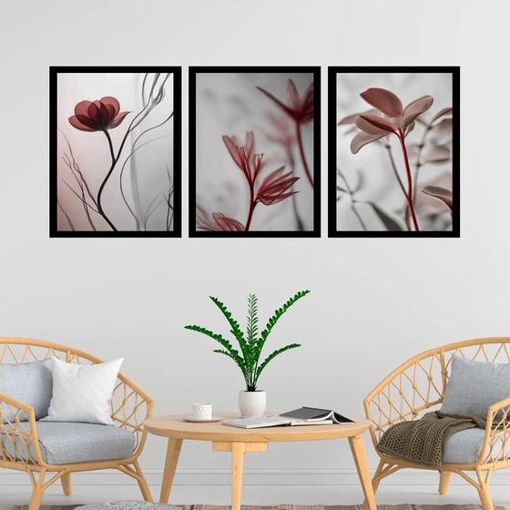 Imagem de Kit 3 Quadros Modernas Flores Nuances Cinza 45X34Cm