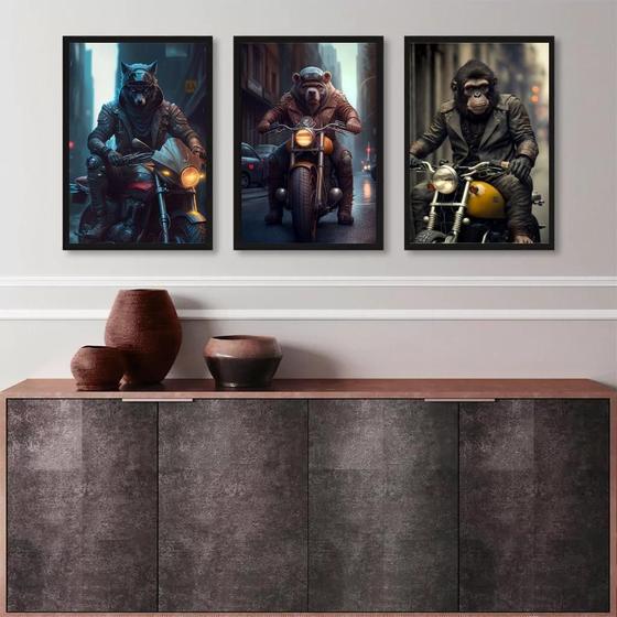Imagem de Kit 3 Quadros Motoqueiros Animais 45X34Cm - Com Vidro