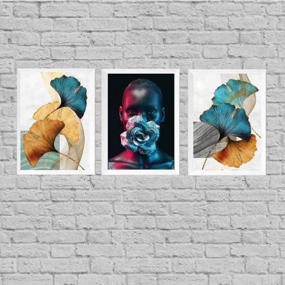 Imagem de Kit 3 Quadros Mulher Com Flores uis 45X34Cm Madeira Preta