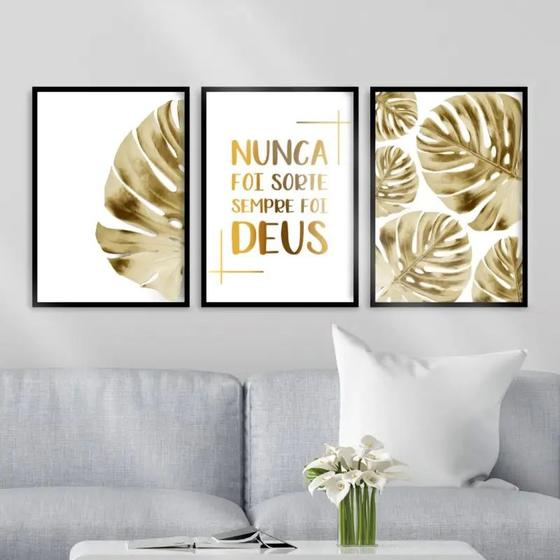 Imagem de Kit 3 Quadros Nunca Foi Sorte Sempre Foi Deus 33x24cm - com vidro