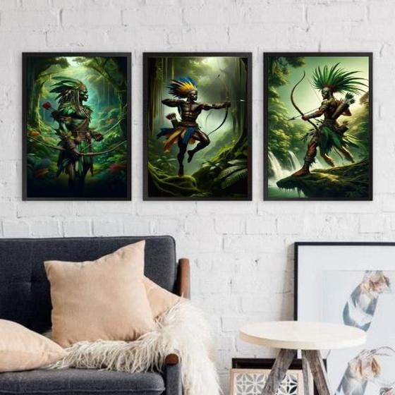 Imagem de Kit 3 Quadros Oxossi Guerreiro - Candomblé 45X34Cm - Vidro
