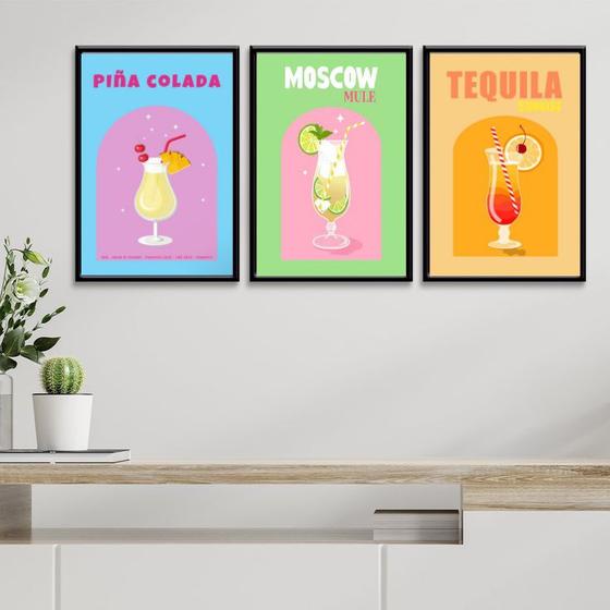 Imagem de Kit 3 Quadros Para Bar Drinks e Coquetéis 45x34cm