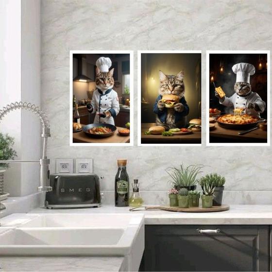 Imagem de Kit 3 Quadros Para Cozinha Gatos Com Comidas 33x24cm - com vidro
