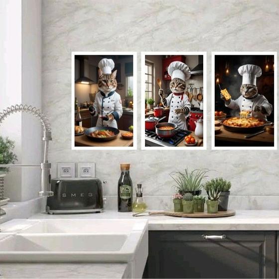 Imagem de Kit 3 Quadros Para Cozinha Gatos Cozinheiros 45x34cm - com vidro
