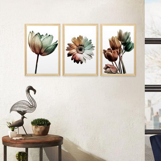 Imagem de Kit 3 Quadros para Decoração Flores Moderno Sala Quarto