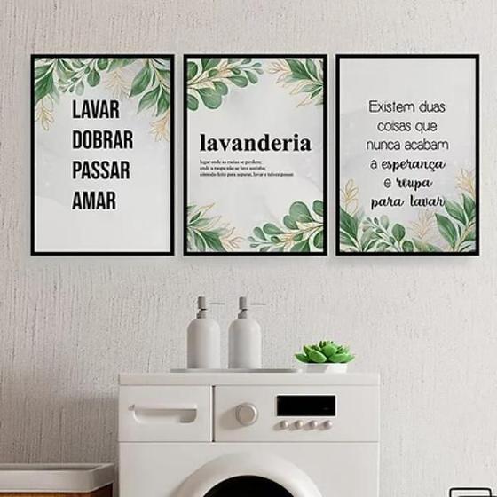 Imagem de Kit 3 Quadros Para Lavanderia Folhas 33X24Cm Madeira Preta