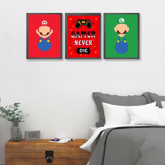 Imagem de Kit 3 Quadros Para Quarto Gamer Game NeverDie 24x18cm - com vidro