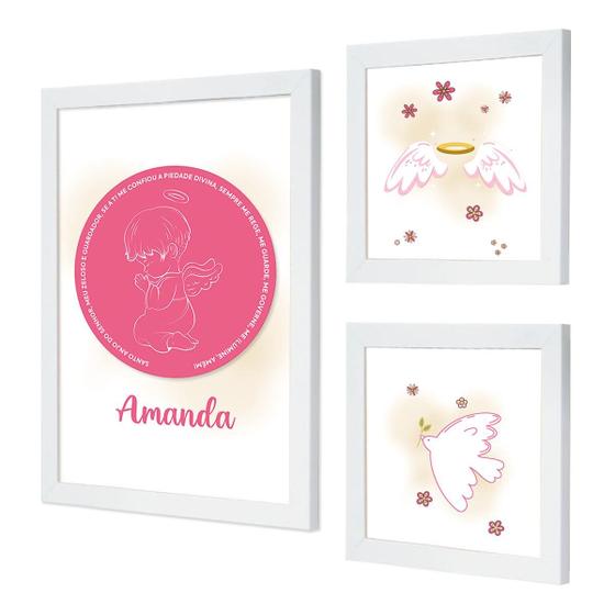 Imagem de Kit 3 Quadros para Quarto Infantil Bebê com Moldura Oração Anjo Nossa Senhora Jesus sem vidro