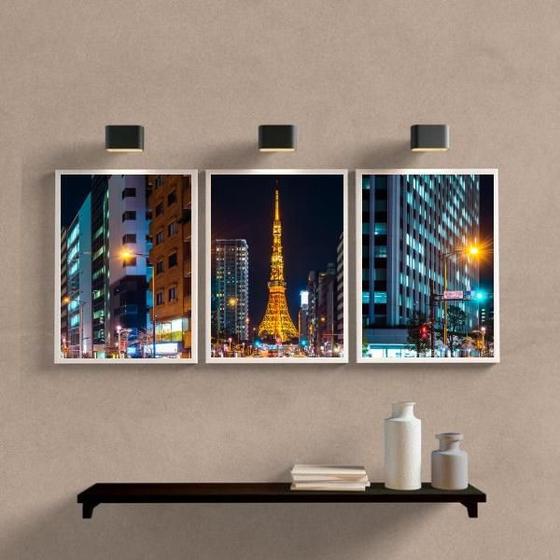 Imagem de Kit 3 Quadros Paris Noturna 33x24cm - Vidro e Moldura Preta