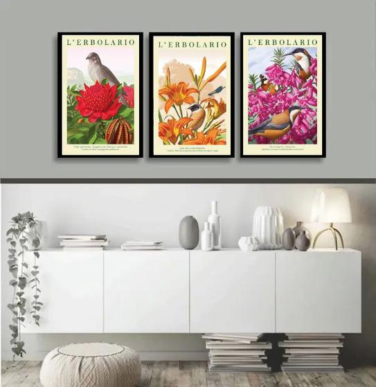 Imagem de Kit 3 Quadros Passarinhos Flores Colorido 45x34cm - com vidro