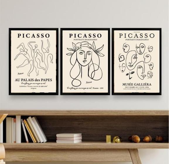 Imagem de Kit 3 Quadros Picasso 24x18cm - Vidro e Moldura Branca