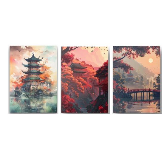 Imagem de Kit 3 Quadros Placas Decorativas em Aluminio 20x28cm Paisagens Orientais 