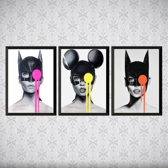 Imagem de Kit 3 Quadros Pop Art Mulher Gato 45X34Cm - Com Vidro