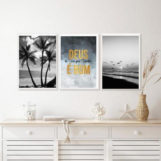 Imagem de Kit 3 Quadros Praia Deus É Bom Preto E Branco 33X24Cm