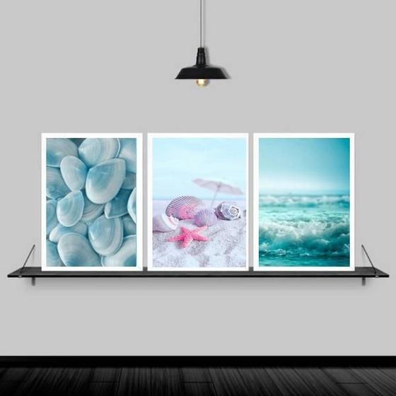 Imagem de Kit 3 Quadros Praia Mar Azul E Rosa 45X34Cm