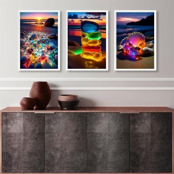 Imagem de Kit 3 Quadros Praia Pedras Coloridas Iluminadas 45X34Cm