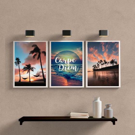 Imagem de Kit 3 Quadros Praia Por Do Sol CarpeDiem 33x24cm - com vidro