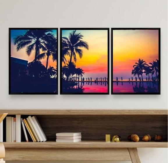 Imagem de Kit 3 Quadros Praia Por do Sol Palmeiras 45x34cm - com Vidro