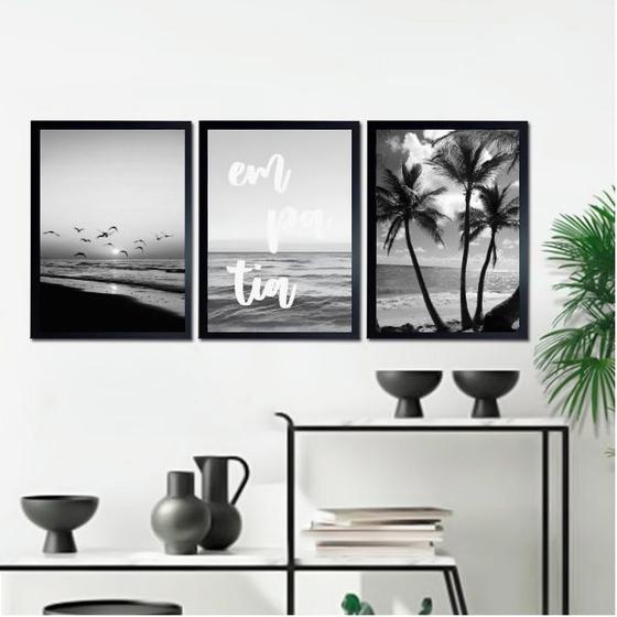 Imagem de Kit 3 Quadros Praia Preto E Branco Empatia 24x18cm - com vidro