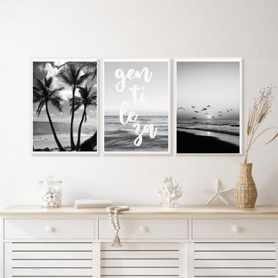 Imagem de Kit 3 Quadros Praia Preto E Branco Gentileza 33x24cm