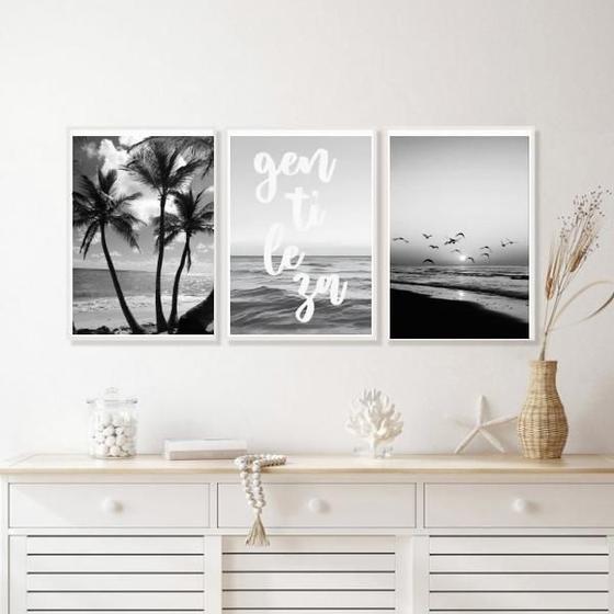 Imagem de Kit 3 Quadros Praia Preto E Branco Gentileza 33X24Cm