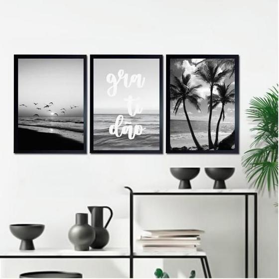 Imagem de Kit 3 Quadros Praia Preto E Branco Gratidão 33X24Cm