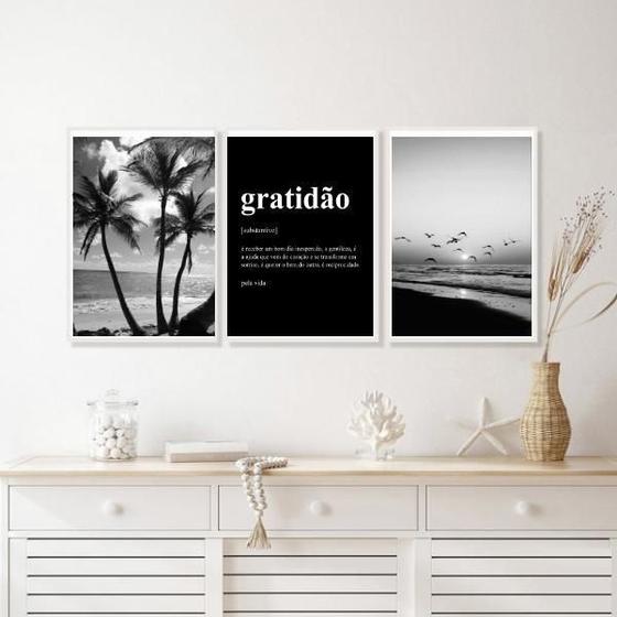 Imagem de Kit 3 Quadros Praia Preto E Branco Gratidão Significado