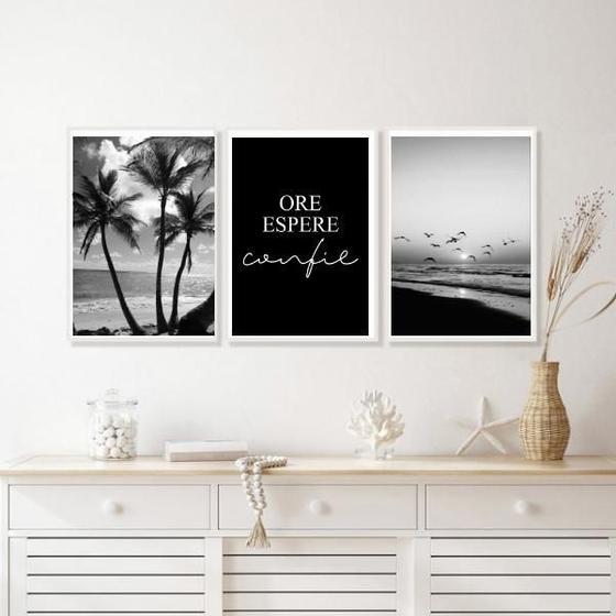 Imagem de Kit 3 Quadros Praia Preto E Branco Ore Espere Confie 33X24Cm