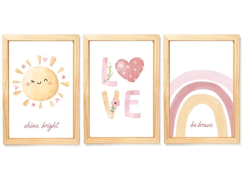 Imagem de Kit 3 quadros quarto bebe decoração boho love sol arco-íris