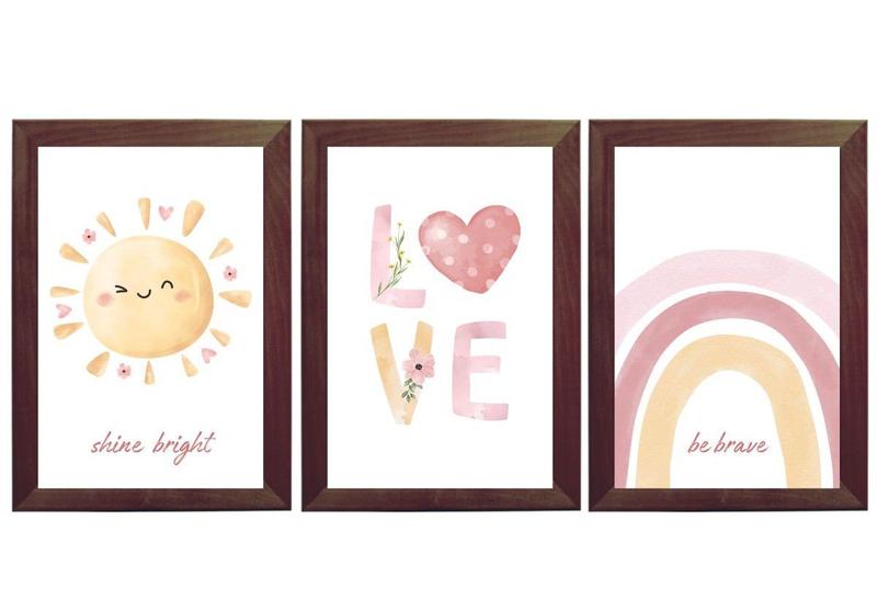 Imagem de Kit 3 quadros quarto bebe decoração boho love sol arco-íris