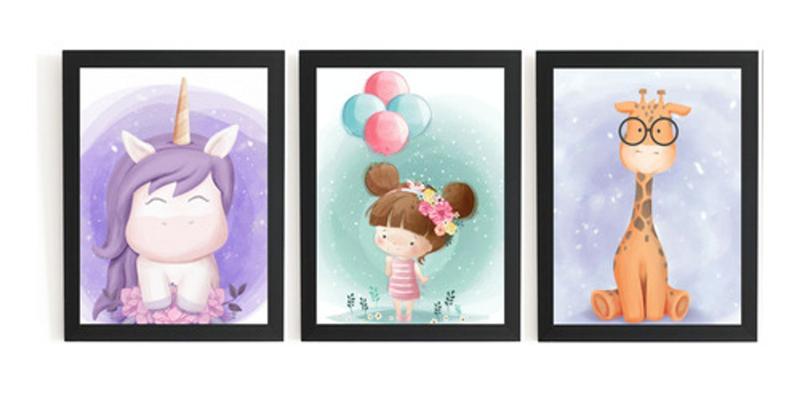 Imagem de Kit 3 Quadros Quarto De Menina Unicornio Menina E Girafa