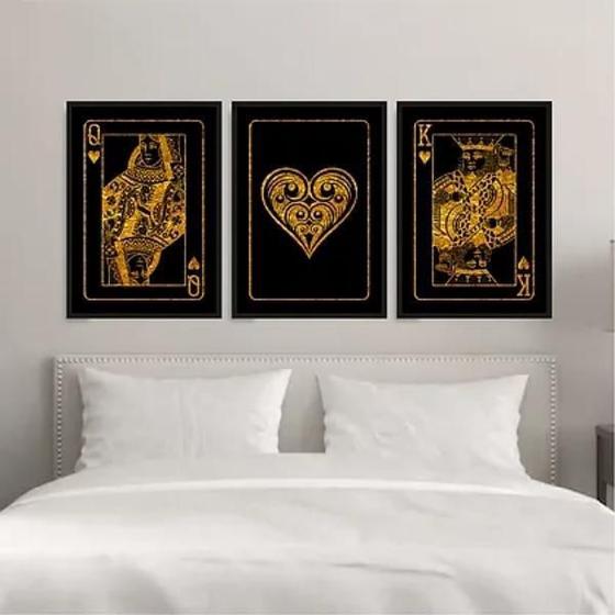 Imagem de Kit 3 Quadros Rei e Rainha de Copas Preto/Dourado 33x24cm