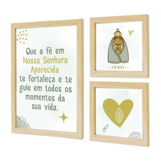 Imagem de Kit 3 Quadros Religiosos para Quarto Infantil Bebê com Moldura Oração Anjo Nossa Senhora Jesus Moldura Natural