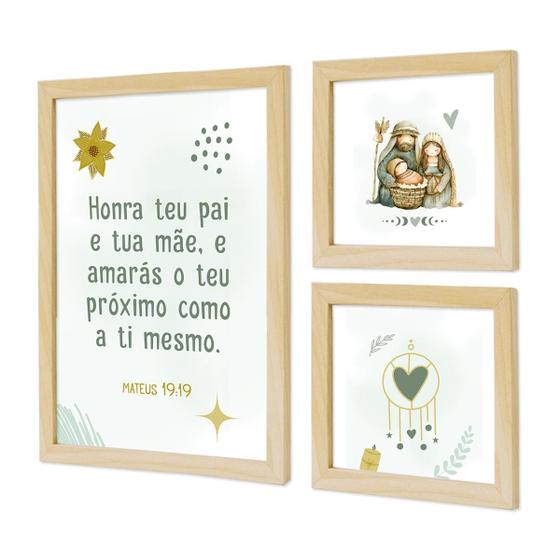 Imagem de Kit 3 Quadros Religiosos para Quarto Infantil Bebê com Moldura Oração Anjo Nossa Senhora Jesus sem vidro