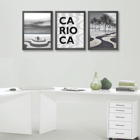 Imagem de Kit 3 Quadros Rio de Janeiro - Copacabana 33x24cm - Madeira Branca