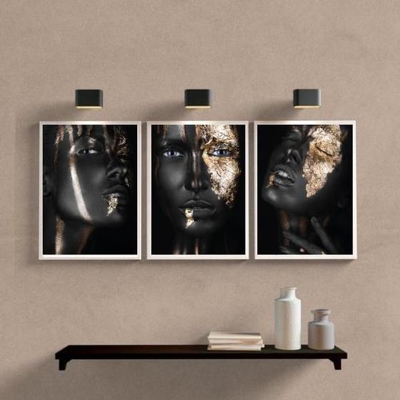 Imagem de Kit 3 Quadros Sala Mulher Black Gold 45x34cm - Vidro