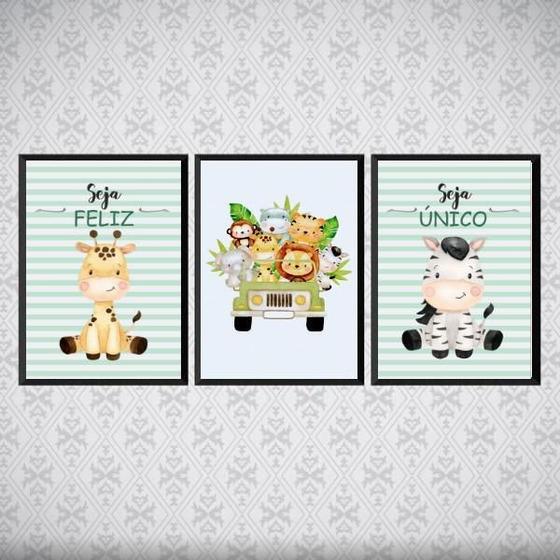 Imagem de Kit 3 Quadros Tema Safari Infantil 33x24cm - Madeira Preta