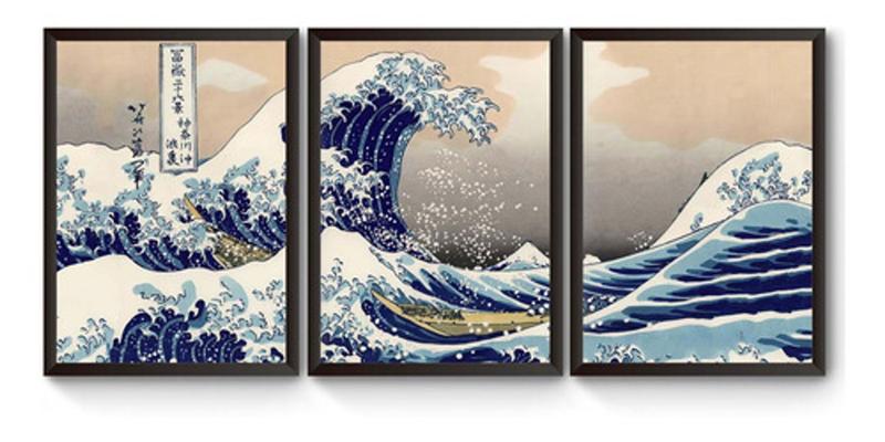 Imagem de Kit 3 Quadros Ukio-e A Grande Onda De Kanagawa