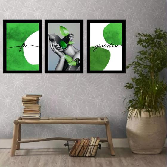 Imagem de Kit 3 Quadros Verdes Abstratos 33x24cm - Mulher Fé Gratidão