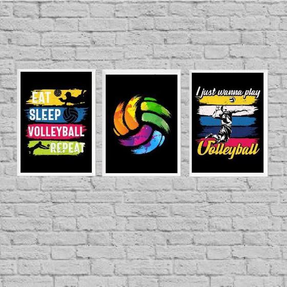 Imagem de Kit 3 Quadros Volleyball Retrô 33x24cm - com vidro