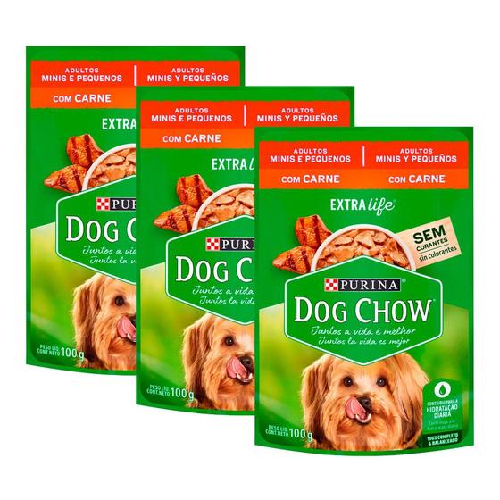 Imagem de Kit 3 Ração Úmida para Cachorro Dog Chow Adultos Minis e Pequenas Extra Life Sabor Carne 100g
