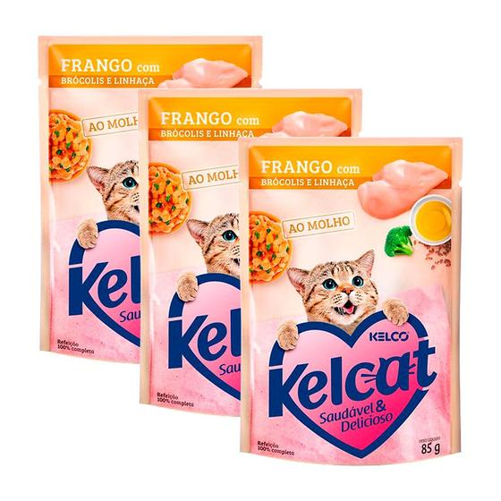 Imagem de Kit 3 Ração Úmida para Gatos Kelcat Sabor Frango com Brócolis e Linhaça em Sachê 85g