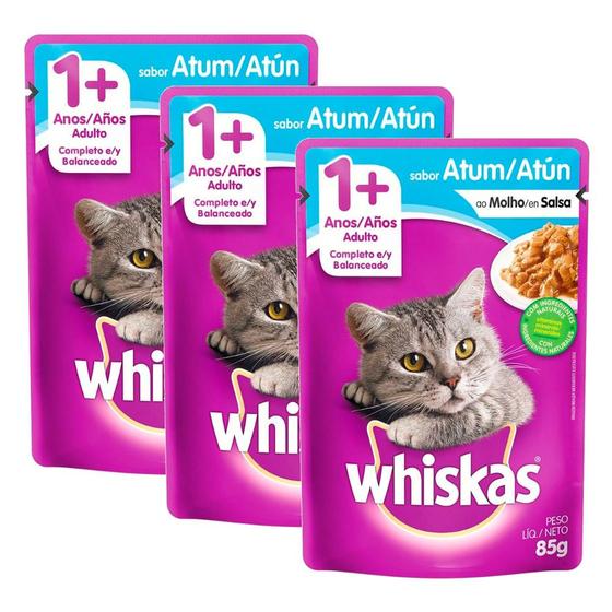 Imagem de Kit 3 Ração Úmida para Gatos Whiskas Adulto 1+ Anos Sabor Atum ao Molho 85g