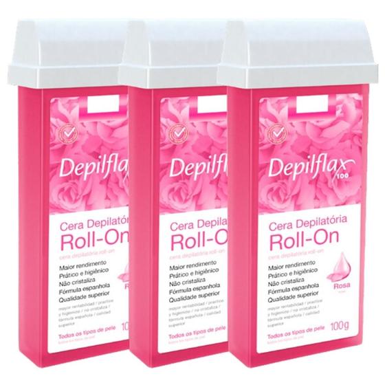 Imagem de Kit 3 Refil Cera Depilatoria Corporal Profissional Depilação Roll On Depilflax Rosa 100g