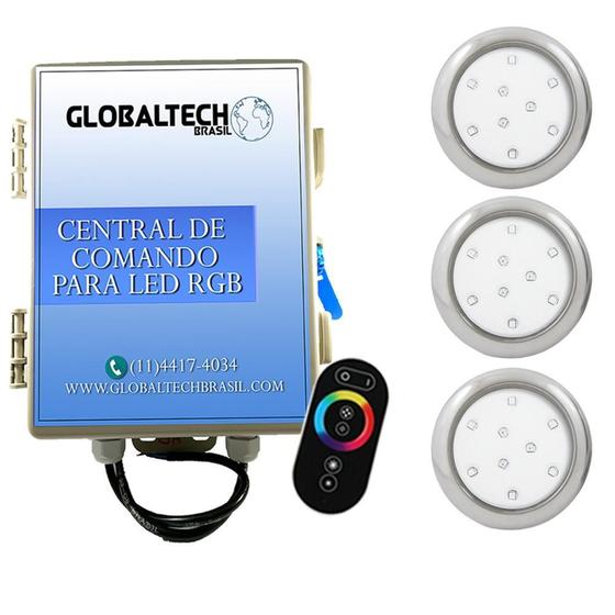 Imagem de Kit 3 Refletor Led Piscina Rgb 9W Inox + Central Touch Rosca