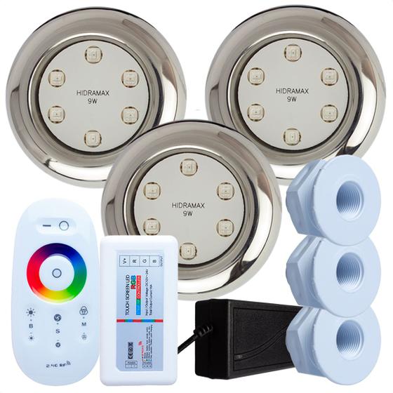 Imagem de Kit 3 Refletores Led 9w RGB Inox S e Comando para Iluminação Piscina Fibra
