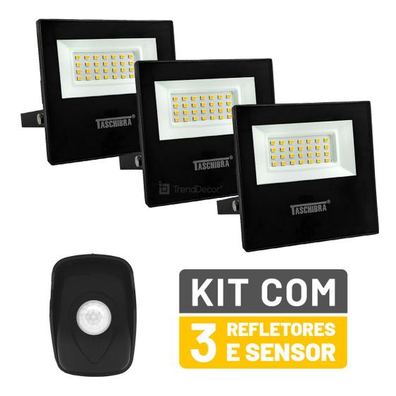 Imagem de Kit 3 Refletores LED Taschibra TR 30 Slim Preto + Sensor de Movimento com Fotocélula Qualitronix QA26M