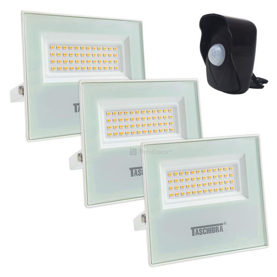 Imagem de Kit 3 Refletores LED Taschibra TR 50 Slim Branco + Sensor de Movimento com Fotocélula Qualitronix QA26M